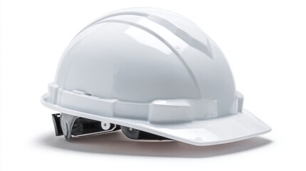 Fototapeta premium A white safety helmet sits on a clean surface indoors, symbolizing worker safety and protection on job sites, especially in construction and industrial environments.