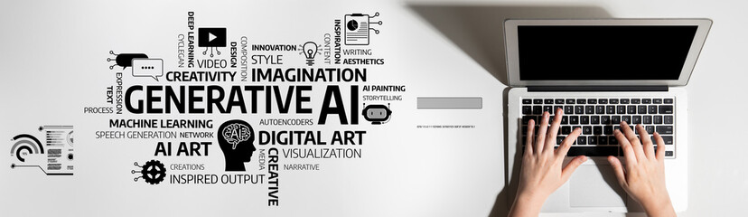 Conceptual image showing hands on a laptop with words related to generative AI, digital art, and...