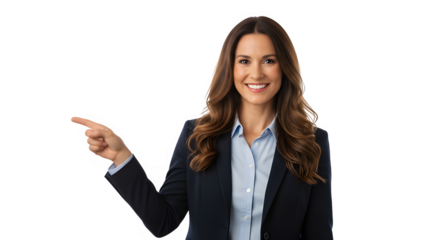 A woman dressed in a business suit points at a chart, illustrating a significant detail in her presentation