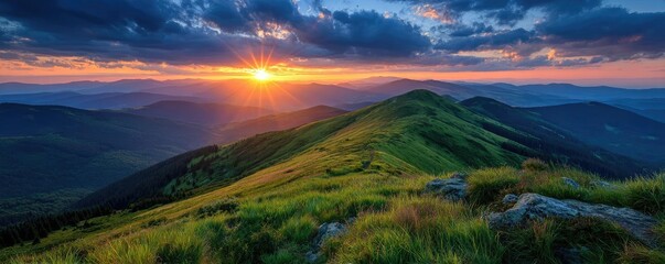 Breathtaking sunrise over green mountains showcasing vibrant colors concept. Breathtaking sunset over rolling hills and valleys, nature's beauty.