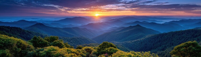 Breathtaking sunrise over green mountains showcasing vibrant colors concept. Breathtaking mountain sunset with vibrant colors and serene atmosphere.