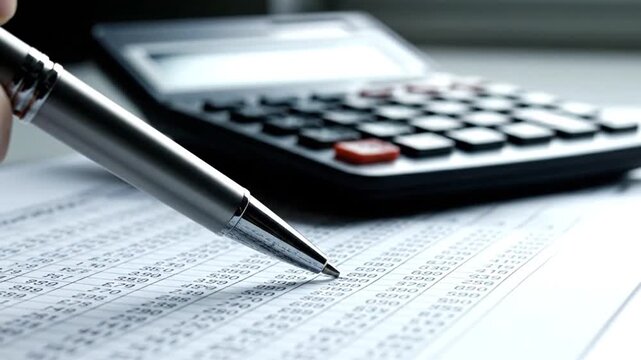 Close up of Financial Data Analysis with Silver Pen and Calculator on White Paper for Budget Planning and Numerical Analysis in Business Setting for Financial Reporting Audit