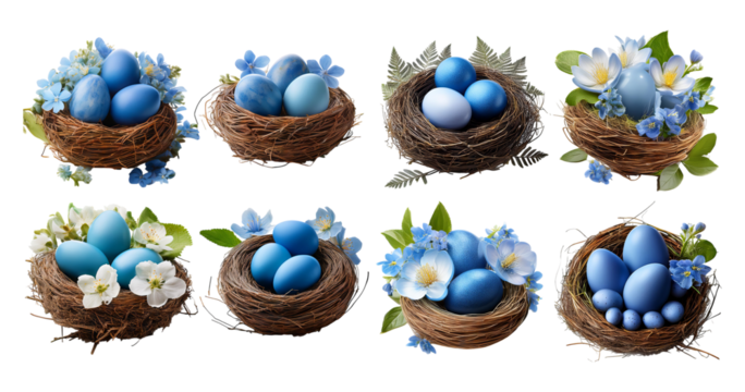 Blue Eggs in Nests with Flowers and Green Leaves for Spring Season, isolated on transparent background - Powered by Adobe