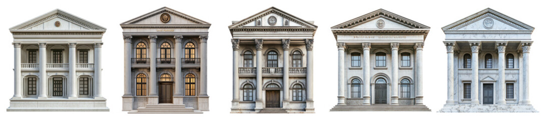 Obraz premium Elegant Neoclassical Architecture of Historical Government Buildings, PNG bundle collection, Isolated on Transparent Background