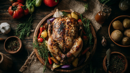 Festive meal with roasted chicken and seasonal vegetables on a rustic table