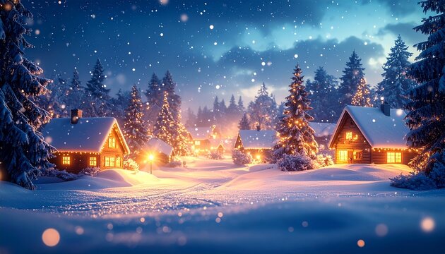 Enchanting winter village scene with cozy illuminated log cabins nestled in a snowy forest at night