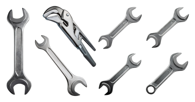 Various Hand Tools Including Wrenches and Pliers for Mechanics, isolated on transparent background