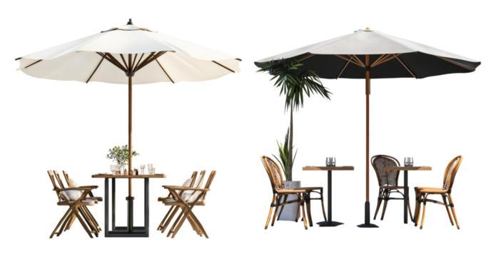 Elegant Outdoor Dining Sets with Large Umbrellas for Relaxation, PNG bundle collection, Isolated on Transparent Background