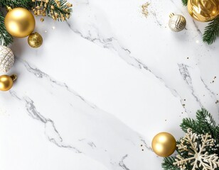 Elegant Christmas background with golden ornaments and fir branches on a white marble texture, top view flat lay with copy space
