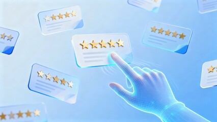 Customer review good rating concept Digital hand interacting with floating review stars, symbolizing feedback and ratings. user comment and feedback for review.