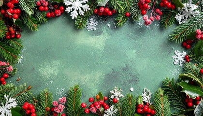 Festive Christmas Border Evergreen Branches, Berries, and Snowflakes on a Teal Background