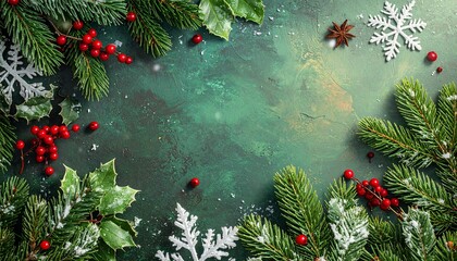 Vibrant holiday border featuring natural pine branches, bright red berries, and delicate white snowflakes, beautifully arranged on a rustic green backdrop for seasonal celebrations