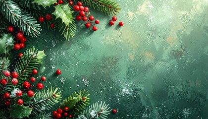 Festive green background with holly berries and pine branches for Christmas