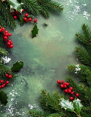 Festive Christmas Border Evergreen Sprigs, Holly Berries, and a Touch of Winter