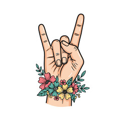 Flat illustration of hand sign with Flowers Accent