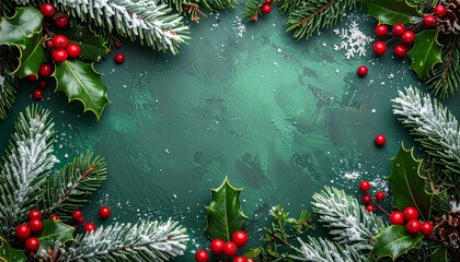 Festive Christmas border with pine branches, holly berries, and pinecones on a textured green background