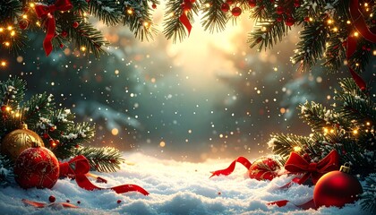 Sparkling Christmas background with snowy pine branches, red ribbons, and glowing ornaments, creating a magical winter wonderland scene for festive holiday designs