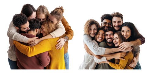Joyful Group Embracing in Warm Sweaters Celebrating Friendship Together Isolated Transparent Background