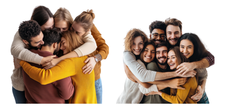Joyful Group Embracing in Warm Sweaters Celebrating Friendship Together Isolated Transparent Background