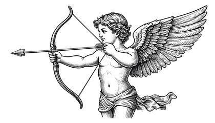 Fototapeta premium Pen and ink illustration of a cherubic angel with wings and bow