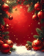 Festive Holiday Background with Ornaments, Snow, and Glittering Lights for Christmas Celebration