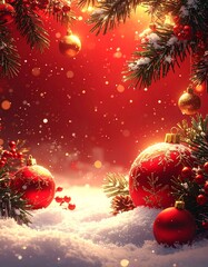 Festive Red Christmas Ornaments Adorned with Snow-Kissed Fir Branches and Sparkling Lights, Creating a Warm and Inviting Holiday Ambiance