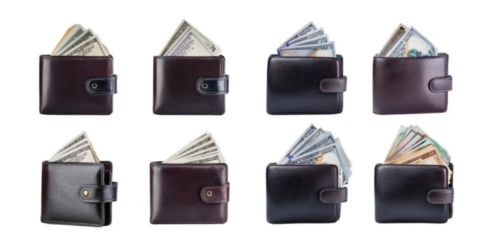 Various Wallets with Cash in Transparent Background