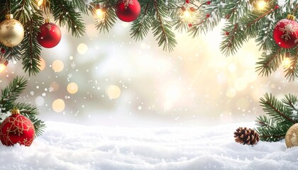 Festive Christmas background with fir branches, red and gold ornaments, and sparkling lights over a snowy landscape