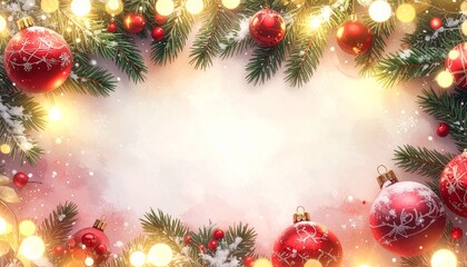 A festive holiday background featuring a glowing frame of red Christmas ornaments, snow-dusted evergreen branches, and sparkling bokeh lights