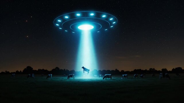 Flying Saucer Beam Illuminating Cows Grazing in Field at Night