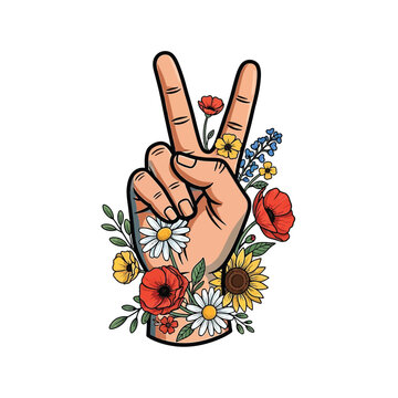 Flat illustration of hand sign with Flowers Accent