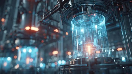 Macro composition of industrial grade energy cell inspected by predictive AI holographic UI, future engineering atmosphere, ai optimized energy storage