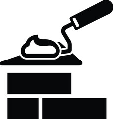 Brick wall construction icon, trowel with mortar silhouette, masonry work symbol, building materials concept, construction industry, repair, architecture and craftsmanship vector illustration