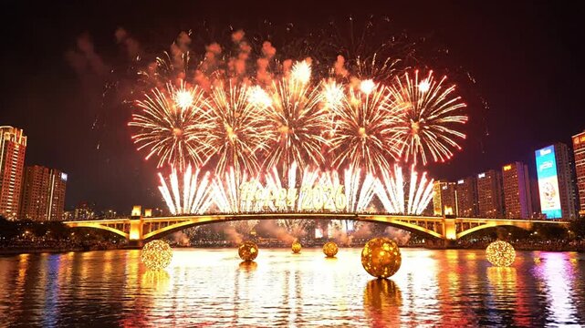New Year 2026 Fireworks Celebration Over Illuminated City Bridge at Night