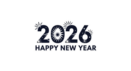 Bold black 2026 happy new year text with abstract fireworks and distressed texture on white background