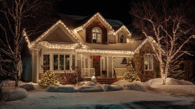 A charming house is adorned with sparkling lights and holiday decorations, set against a backdrop of fresh snow. The scene evokes warmth and festive cheer on a cold winter night.