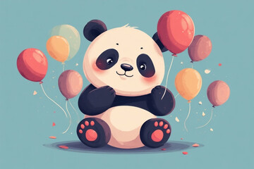 A cute cartoon panda bear sits surrounded by colorful balloons on a light blue background.