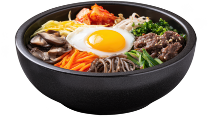 A traditional Korean stone bowl of bibimbap with a fried egg and a colorful array of fresh vegetables