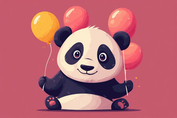 Cute panda bear cartoon holding balloons against a pink background, featuring a happy expression.