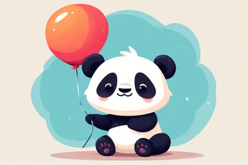 A cute cartoon panda bear sits holding a red balloon against a teal and beige background.