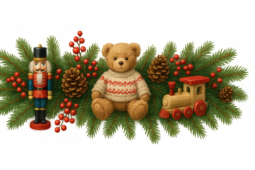 Christmas garland arranging festive teddy bear, nutcracker, toy train, pine cones, red berries on evergreen branches