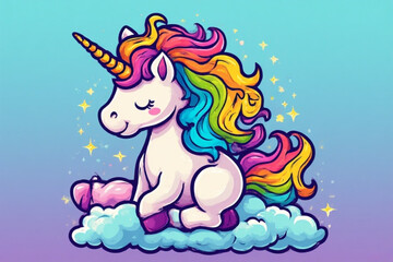 A whimsical illustration of a seated unicorn with a colorful mane, resting on a cloud.