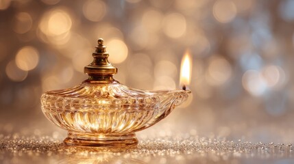 A glass oil lamp emits a warm, flickering flame, reflecting its elegant craftsmanship. The soft glow creates a cozy atmosphere against a shimmering backdrop of lights.