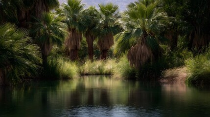 Obraz premium A serene palm lined oasis with lush green vegetation reflecting in calm water