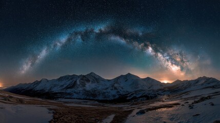 A stunning view of the Milky Way arcs across the night sky above snowy peaks creating a breathtaking scene.
