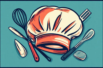 Illustration of a chef's hat and various cooking utensils, presented in a stylized artistic manner.