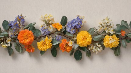 Fototapeta premium Bright orange yellow and purple flowers mix with greenery creating a lively garland display.