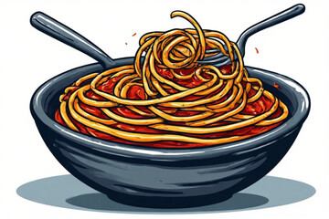 Illustration of spaghetti with tomato sauce in a dark bowl, held by a fork.
