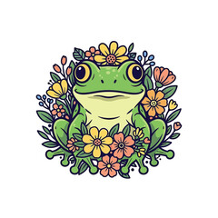 Flat illustration of Frog with Flowers Accent Graphic