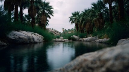 Obraz premium A serene desert oasis with lush palm trees and green vegetation surrounding a calm water pool under a soft sky